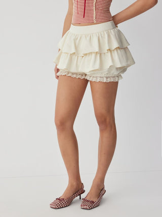 Mid Rise Ruffle Lace Trim Tiered Mini Skort