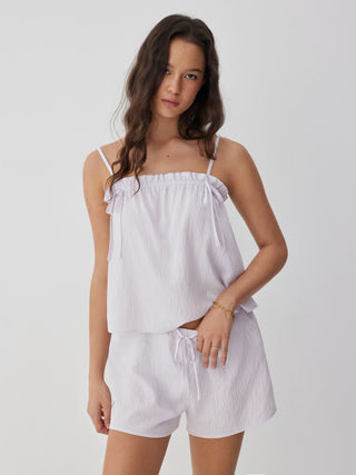 Linen-blend Stripe Bowknot Cami Top & Low Rise Shorts Set