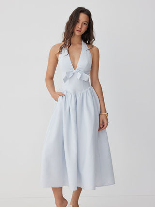 Cotton-blend Striped Halter Neck Bowknot A-line Maxi Dress