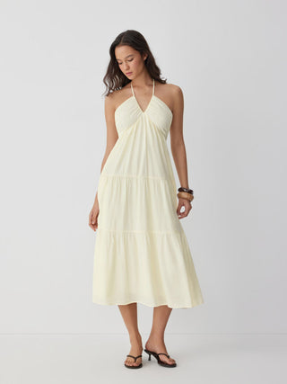 Halter Neckline Tie Back Draped Flared Maxi Dress