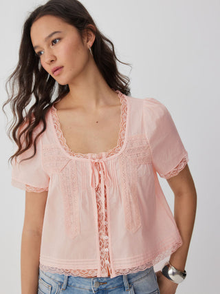 Cotton-blend Scoop Neckline Lace Trim Knotted Puff Sleeve Blouse