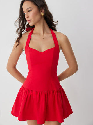 Linen-blend Halter Neckline Bowknot A-line Mini Dress