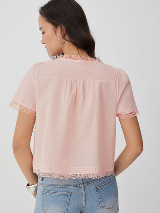 Cotton-blend Scoop Neckline Lace Trim Knotted Puff Sleeve Blouse
