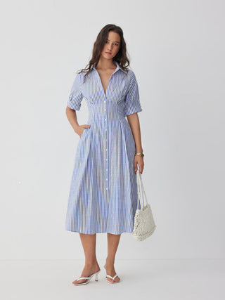 Cotton-blend Striped Mid-length Sleeve Draped Shirt Maxi Dress