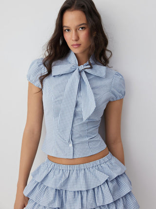 Woven Cotton-blend Gingham Puff Sleeve Bowknot Crop Blouse For School Daily Casual