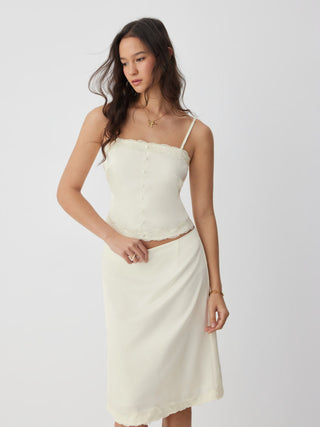 Satin Satin Lace Trim Button Cami Top & Mid Rise Midi Skirt Set For Daily Casual Date