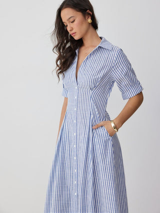 Cotton-blend Striped Mid-length Sleeve Draped Shirt Maxi Dress