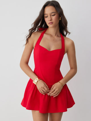 Linen-blend Halter Neckline Bowknot A-line Mini Dress