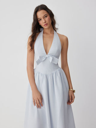 Cotton-blend Striped Halter Neck Bowknot A-line Maxi Dress