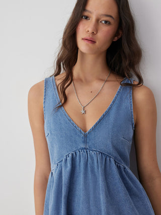 Denim V-neck Tie Back A-line Oversized Mini Dress