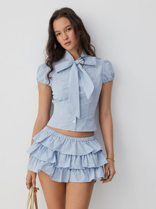 Woven Cotton-blend Gingham Puff Sleeve Bowknot Crop Blouse For School Daily Casual