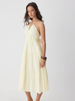 Halter Neckline Tie Back Draped Flared Maxi Dress