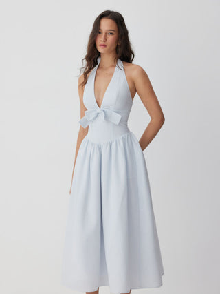 Cotton-blend Striped Halter Neck Bowknot A-line Maxi Dress