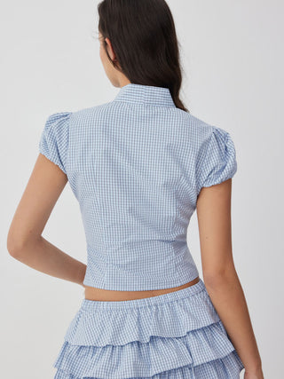 Woven Cotton-blend Gingham Puff Sleeve Bowknot Crop Blouse For School Daily Casual