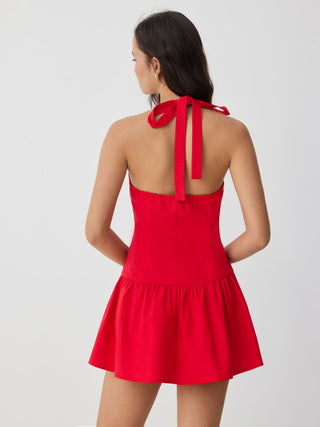 Linen-blend Halter Neckline Bowknot A-line Mini Dress