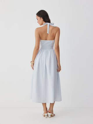 Cotton-blend Striped Halter Neck Bowknot A-line Maxi Dress