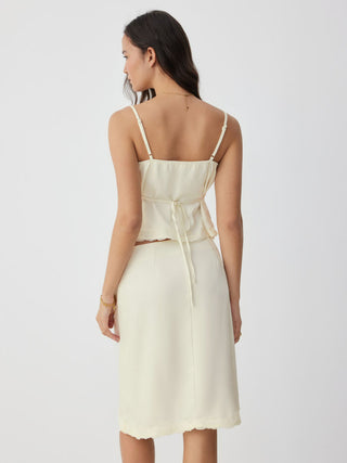 Satin Satin Lace Trim Button Cami Top & Mid Rise Midi Skirt Set For Daily Casual Date