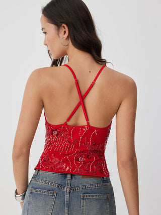 Mesh Mesh Sequin Beaded Cowl Neck Cami Top For Date Party/Clubbing