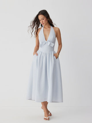 Cotton-blend Striped Halter Neck Bowknot A-line Maxi Dress
