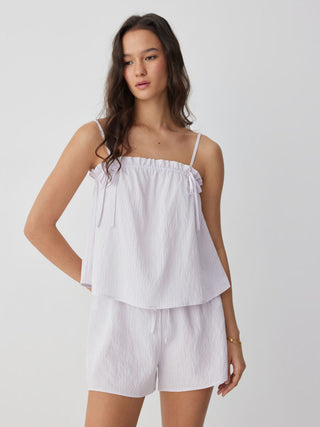 Linen-blend Stripe Bowknot Cami Top & Low Rise Shorts Set