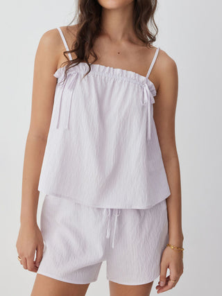 Linen-blend Stripe Bowknot Cami Top & Low Rise Shorts Set