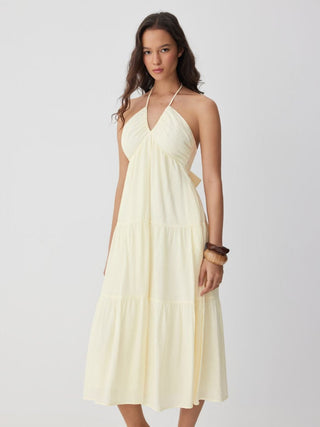 Halter Neckline Tie Back Draped Flared Maxi Dress