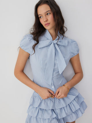 Woven Cotton-blend Gingham Puff Sleeve Bowknot Crop Blouse For School Daily Casual