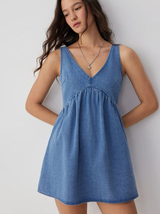 Denim V-neck Tie Back A-line Oversized Mini Dress