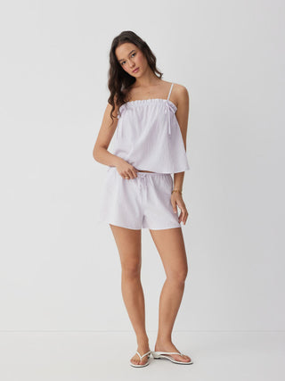 Linen-blend Stripe Bowknot Cami Top & Low Rise Shorts Set