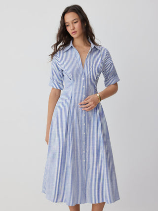 Cotton-blend Striped Mid-length Sleeve Draped Shirt Maxi Dress