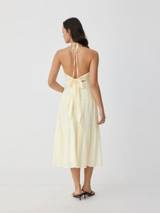 Halter Neckline Tie Back Draped Flared Maxi Dress