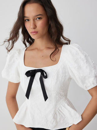 Jacquard Jacquard Square Neck Puff Sleeve Bowknot Ruffled Hem Blouse For Daily Casual Date