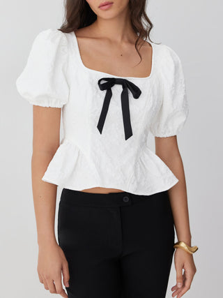 Jacquard Jacquard Square Neck Puff Sleeve Bowknot Ruffled Hem Blouse For Daily Casual Date