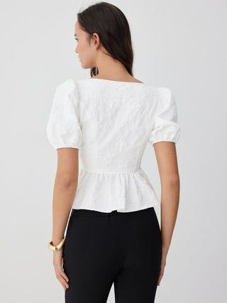Jacquard Jacquard Square Neck Puff Sleeve Bowknot Ruffled Hem Blouse For Daily Casual Date