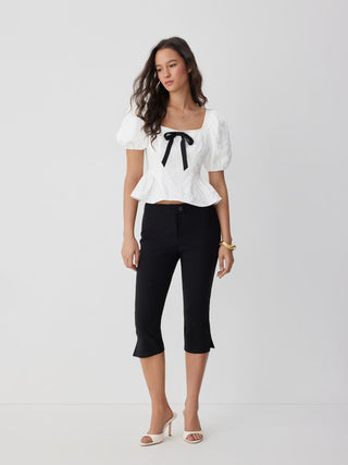 Jacquard Jacquard Square Neck Puff Sleeve Bowknot Ruffled Hem Blouse For Daily Casual Date