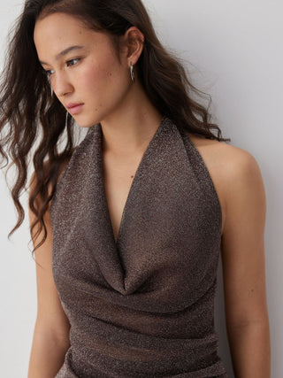 Metallic Cowl Neck High Rise Straight Maxi Dress