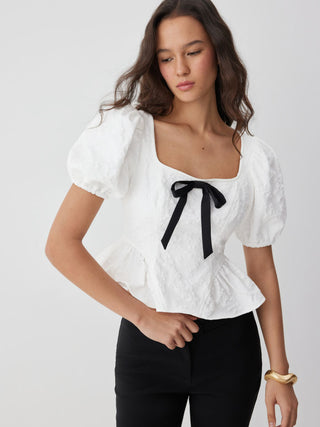 Jacquard Jacquard Square Neck Puff Sleeve Bowknot Ruffled Hem Blouse For Daily Casual Date