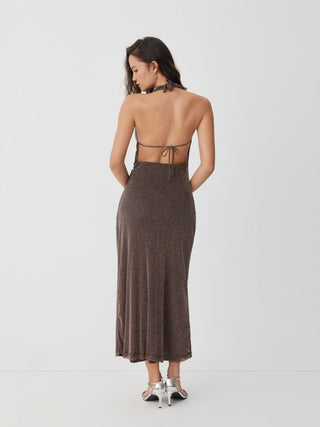 Metallic Cowl Neck High Rise Straight Maxi Dress