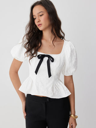 Jacquard Jacquard Square Neck Puff Sleeve Bowknot Ruffled Hem Blouse For Daily Casual Date