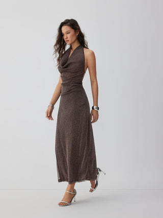 Metallic Cowl Neck High Rise Straight Maxi Dress