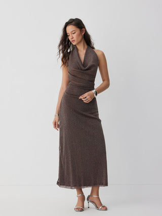 Metallic Cowl Neck High Rise Straight Maxi Dress