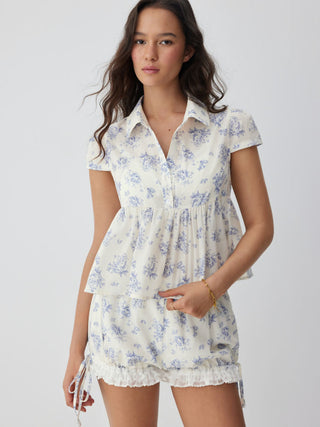 Woven Cotton-blend Floral Peplum Short Sleeve Oversized Blouse For Daily Casual Vacation
