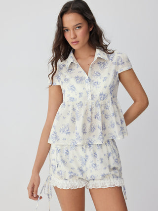 Woven Cotton-blend Floral Peplum Short Sleeve Oversized Blouse For Daily Casual Vacation