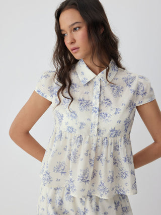 Woven Cotton-blend Floral Peplum Short Sleeve Oversized Blouse For Daily Casual Vacation