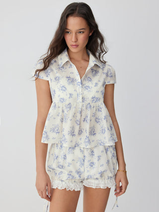 Woven Cotton-blend Floral Peplum Short Sleeve Oversized Blouse For Daily Casual Vacation