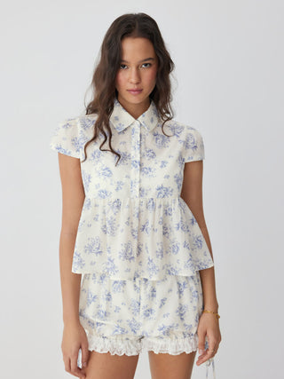 Woven Cotton-blend Floral Peplum Short Sleeve Oversized Blouse For Daily Casual Vacation