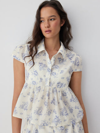 Woven Cotton-blend Floral Peplum Short Sleeve Oversized Blouse For Daily Casual Vacation