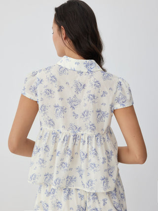 Woven Cotton-blend Floral Peplum Short Sleeve Oversized Blouse For Daily Casual Vacation
