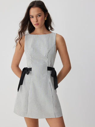 Cotton-blend Stripe Boat Neck Bowknot A-line Mini Dress
