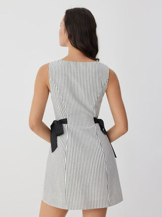 Cotton-blend Stripe Boat Neck Bowknot A-line Mini Dress